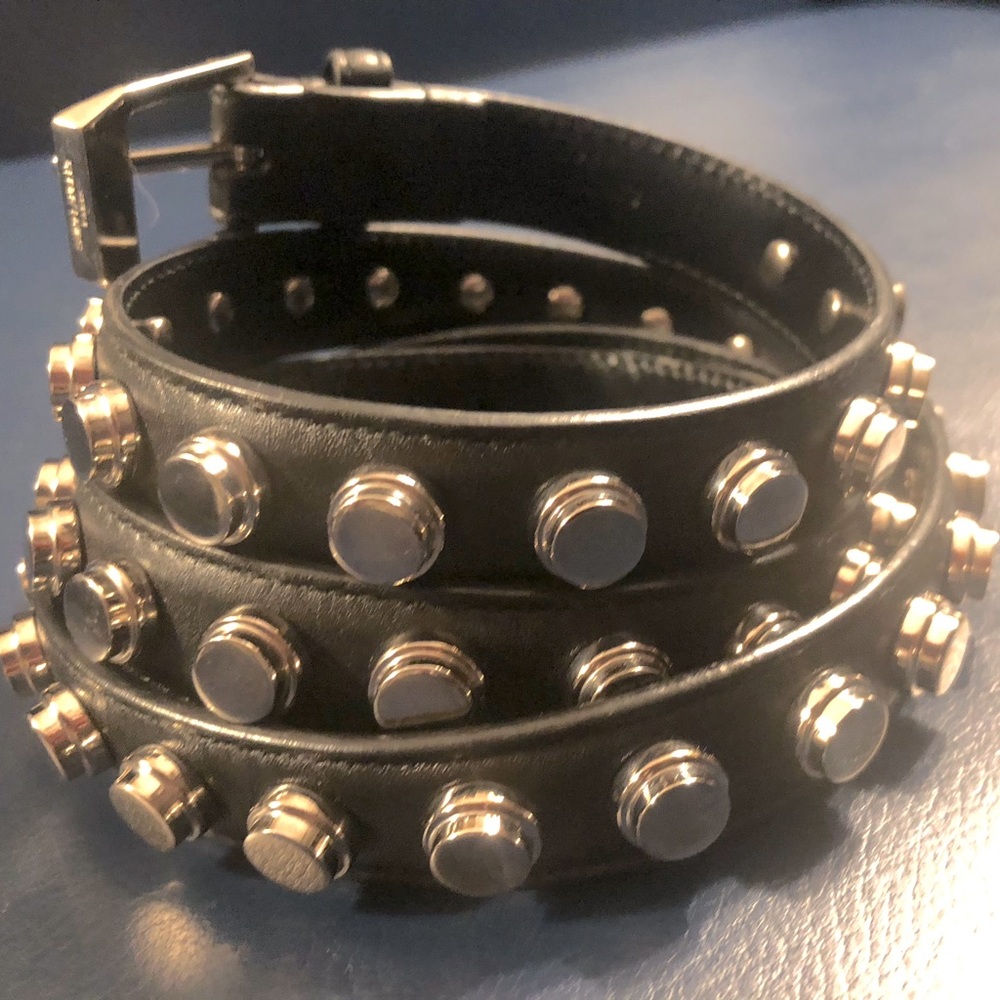SAINT LAURENT MEN’S CLOUS MONET BLACK LEATHER BELT SILVER STUDS XL SZ 95 - Picture 2 of 14